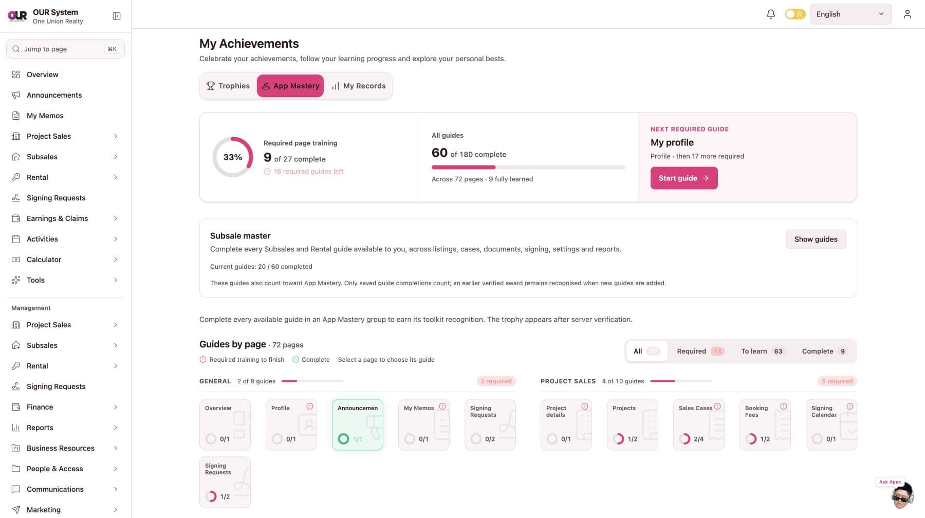 App Mastery showing learning progress, required training and available product guides.