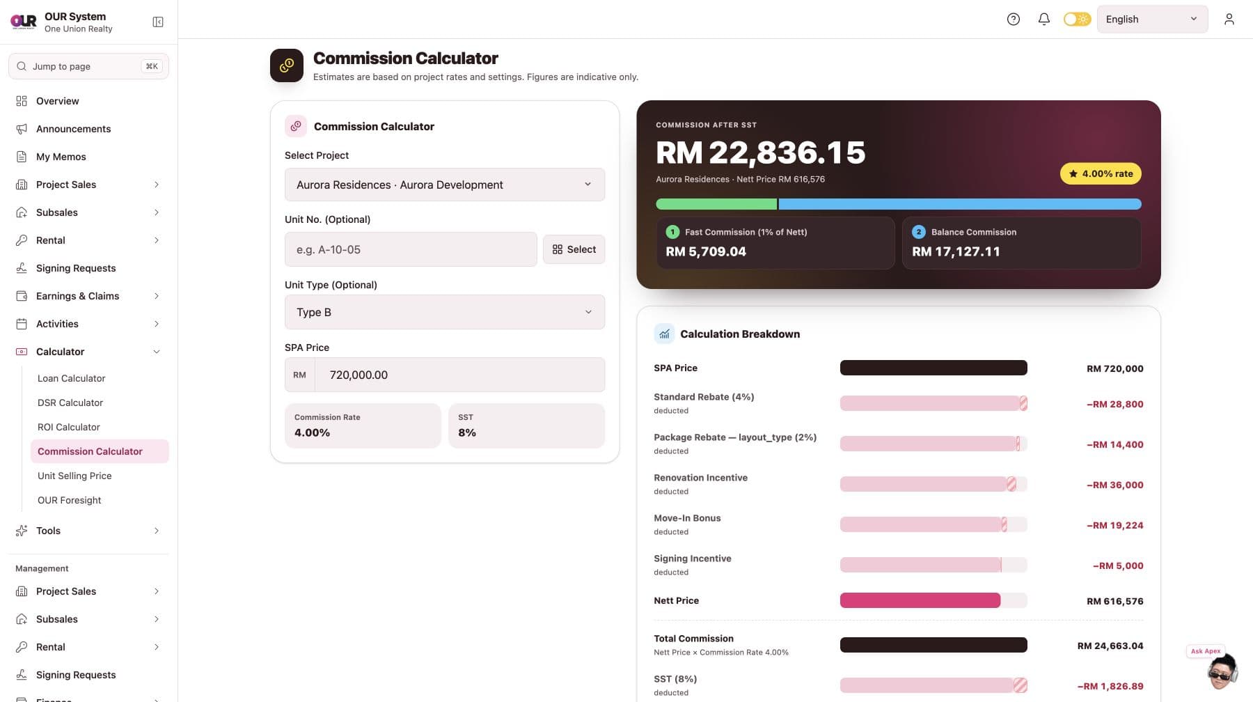 Commission calculator with a project, unit type and price, plus rebates, incentives, SST and payout estimates.