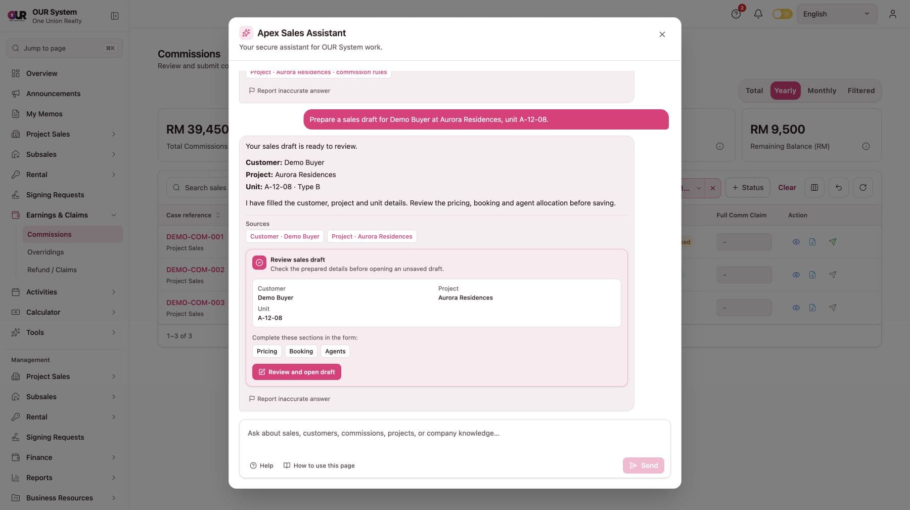 APEX assistant presenting a reviewable sales-draft action with customer, project and unit details.