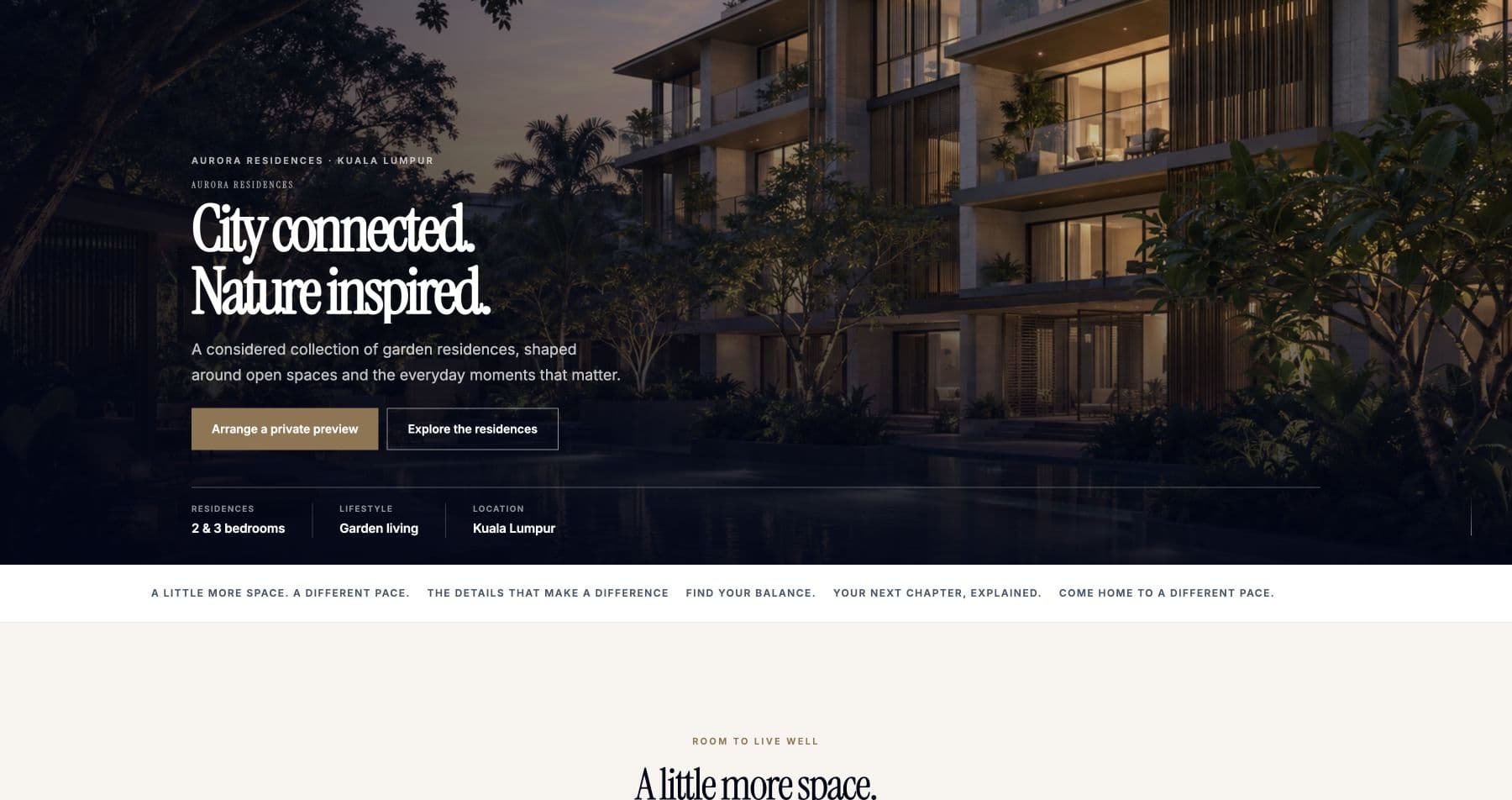 Native property-page preview with a tropical residence image, headline and enquiry buttons.